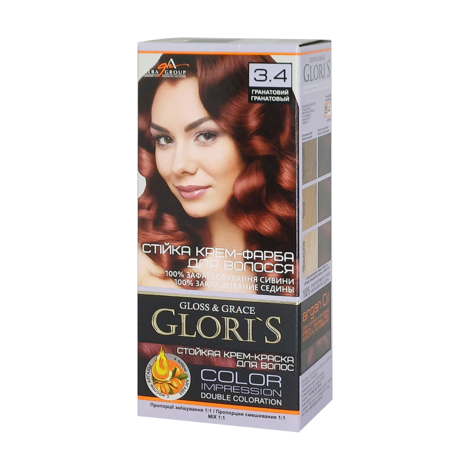 Стійка крем-фарба для волосся Glori's Gloss &amp; Grace для двох застосувань 3.4 Гранатовий, 130 мл